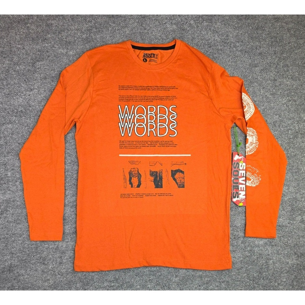Seven Souls 7s Orange Men's Long Sleeve Graphic Shirt Size Large Words NWT